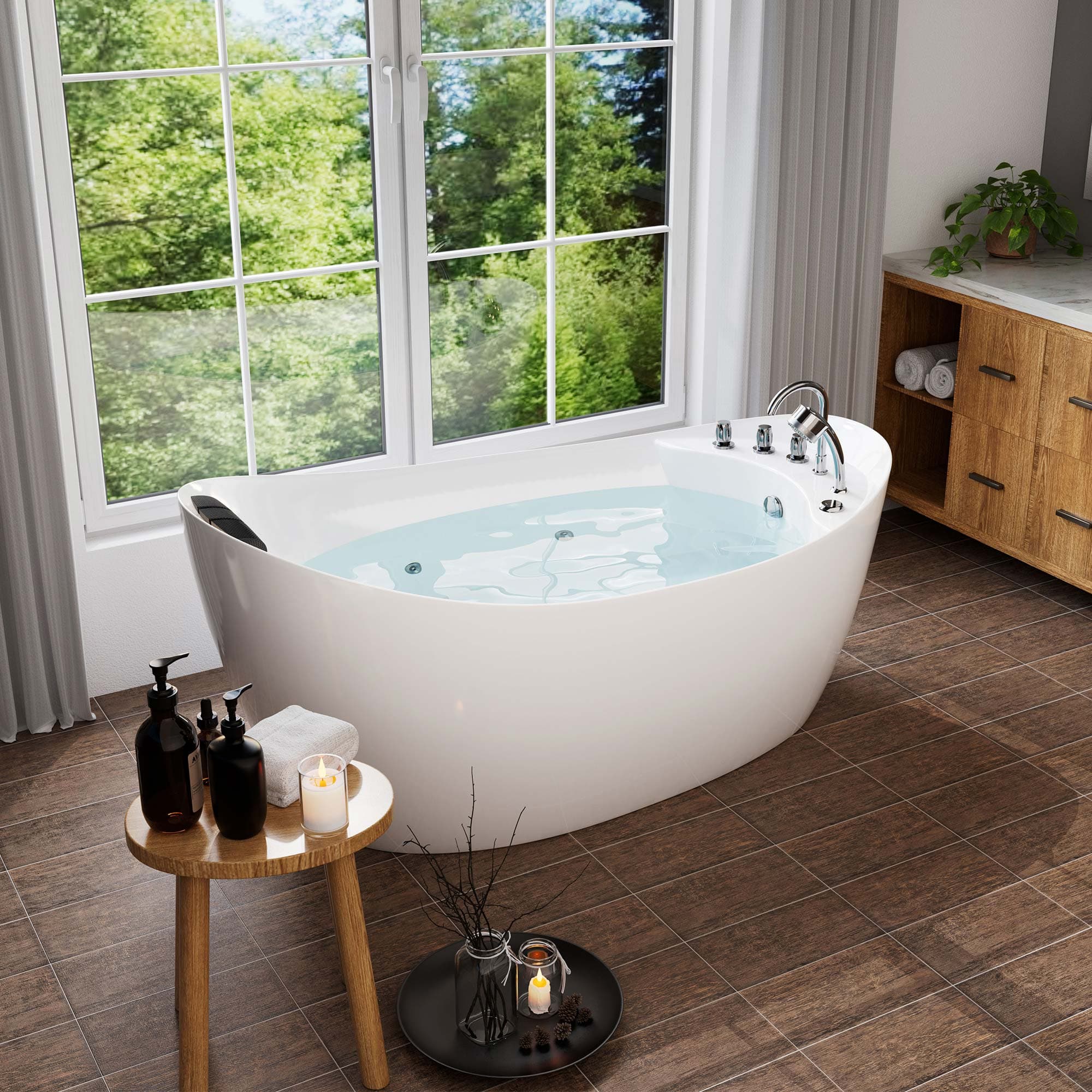White freestanding acrylic whirlpool bathtub with built-in headrest and chrome faucet