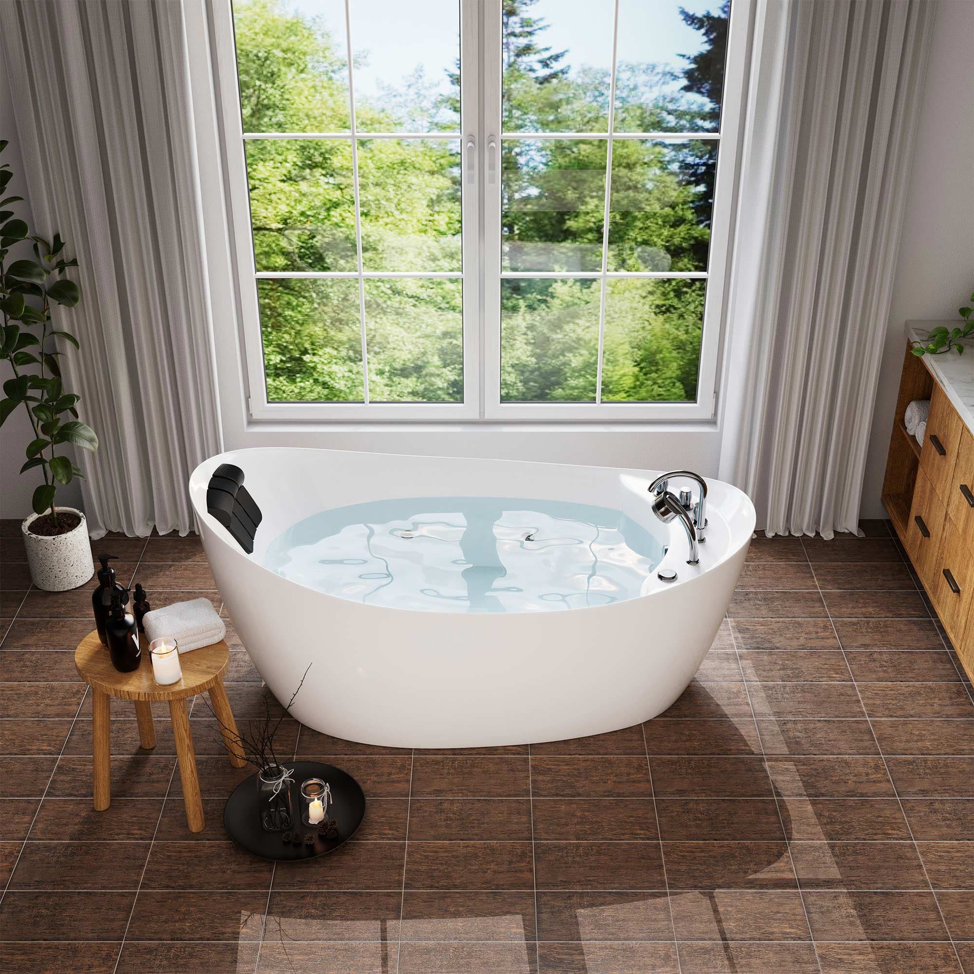Freestanding 67-inch acrylic whirlpool bathtub in white with chrome faucet and jets