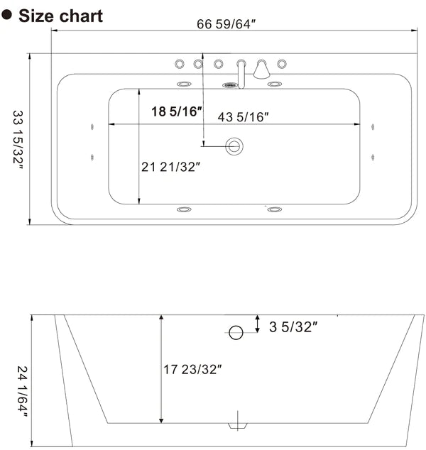 Acrylic bathtub size chart with dimensions 66 59/64in by 35 13/32in