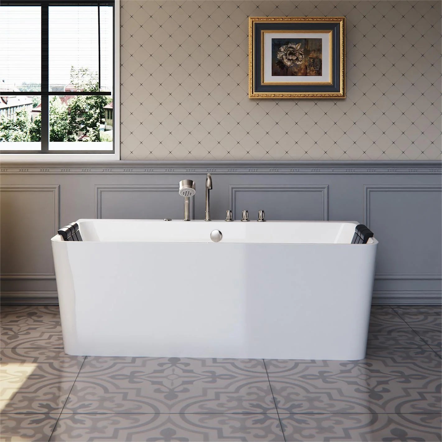 White freestanding acrylic whirlpool bathtub with chrome fixtures and central drain