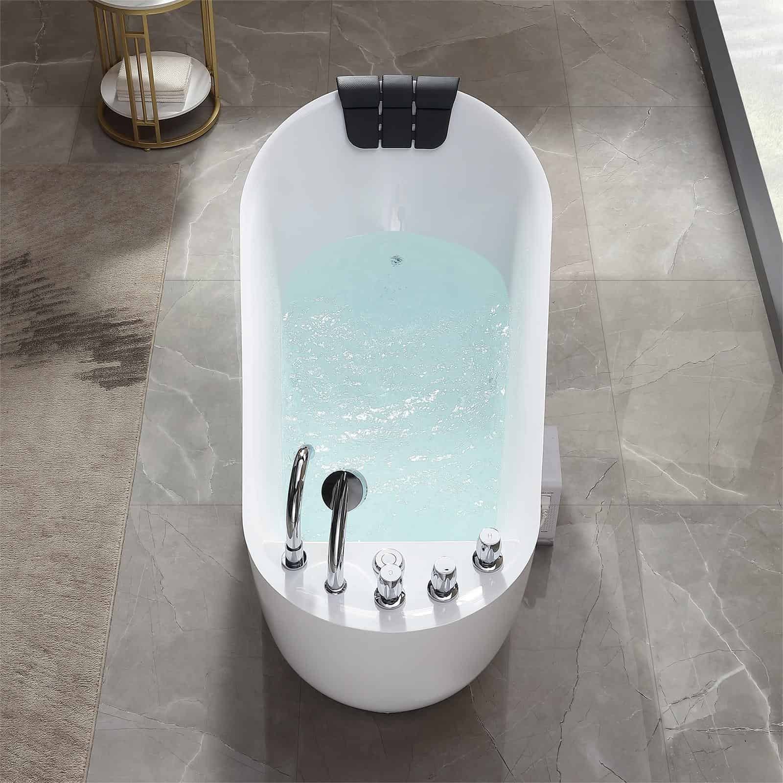 Freestanding acrylic bathtub top view showing white tub, light-blue basin, chrome controls.