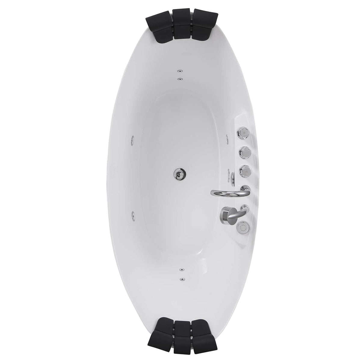 Underside view of white acrylic whirlpool bathtub showing jet ports and dark support pads.
