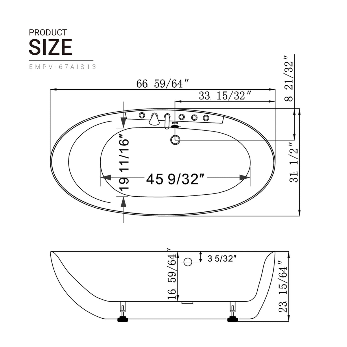 Bathtub size diagram with dimensions labeled for 67-inch oval whirlpool tub