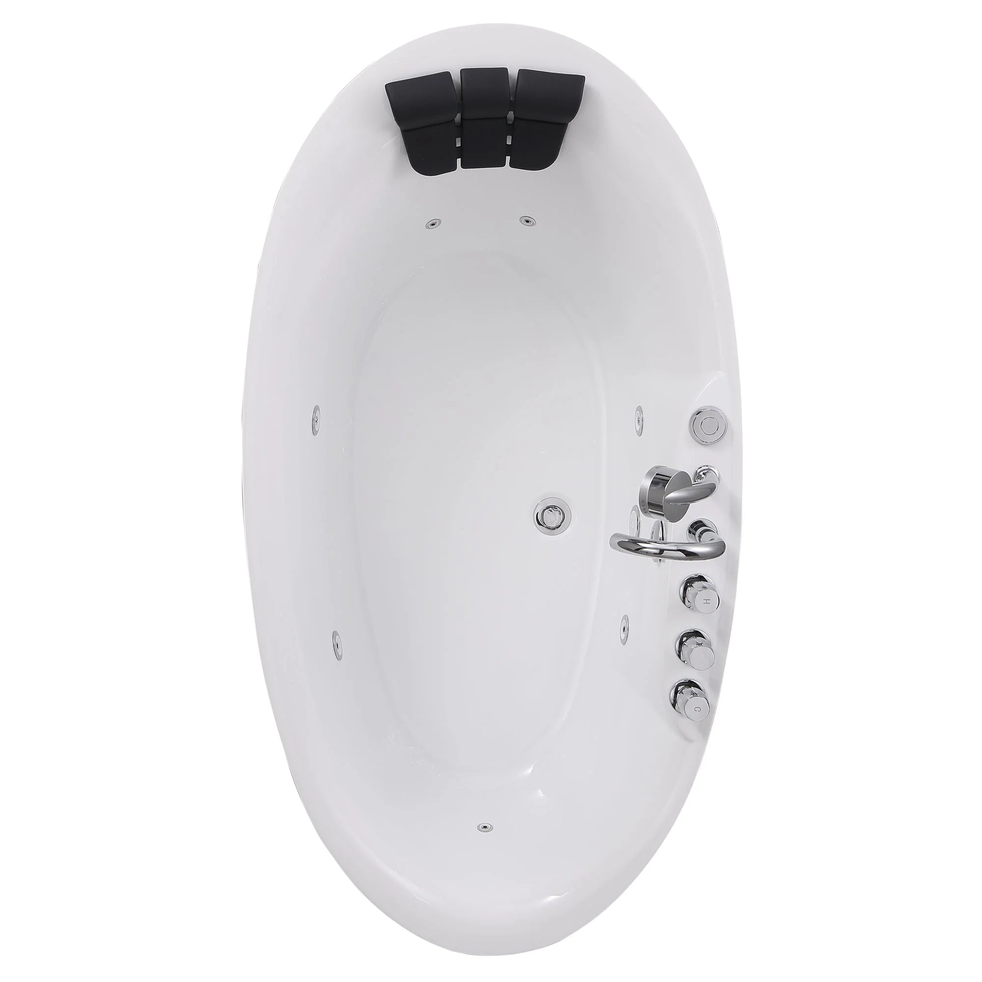 White oval freestanding bathtub showing whirlpool jet controls and chrome hardware