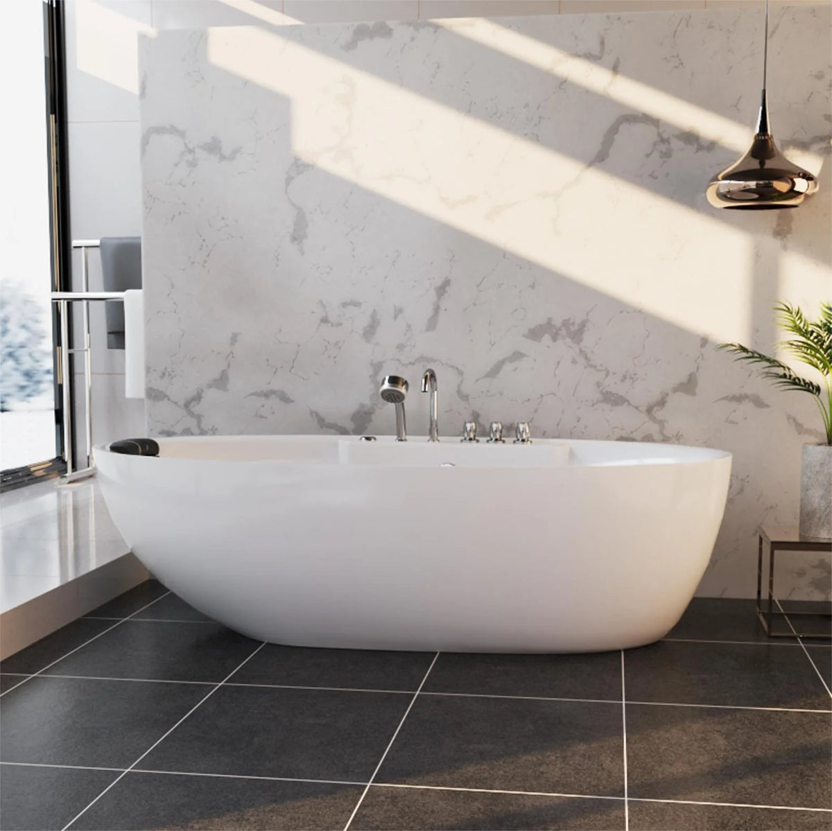 White freestanding oval acrylic whirlpool bathtub with chrome faucet and jets