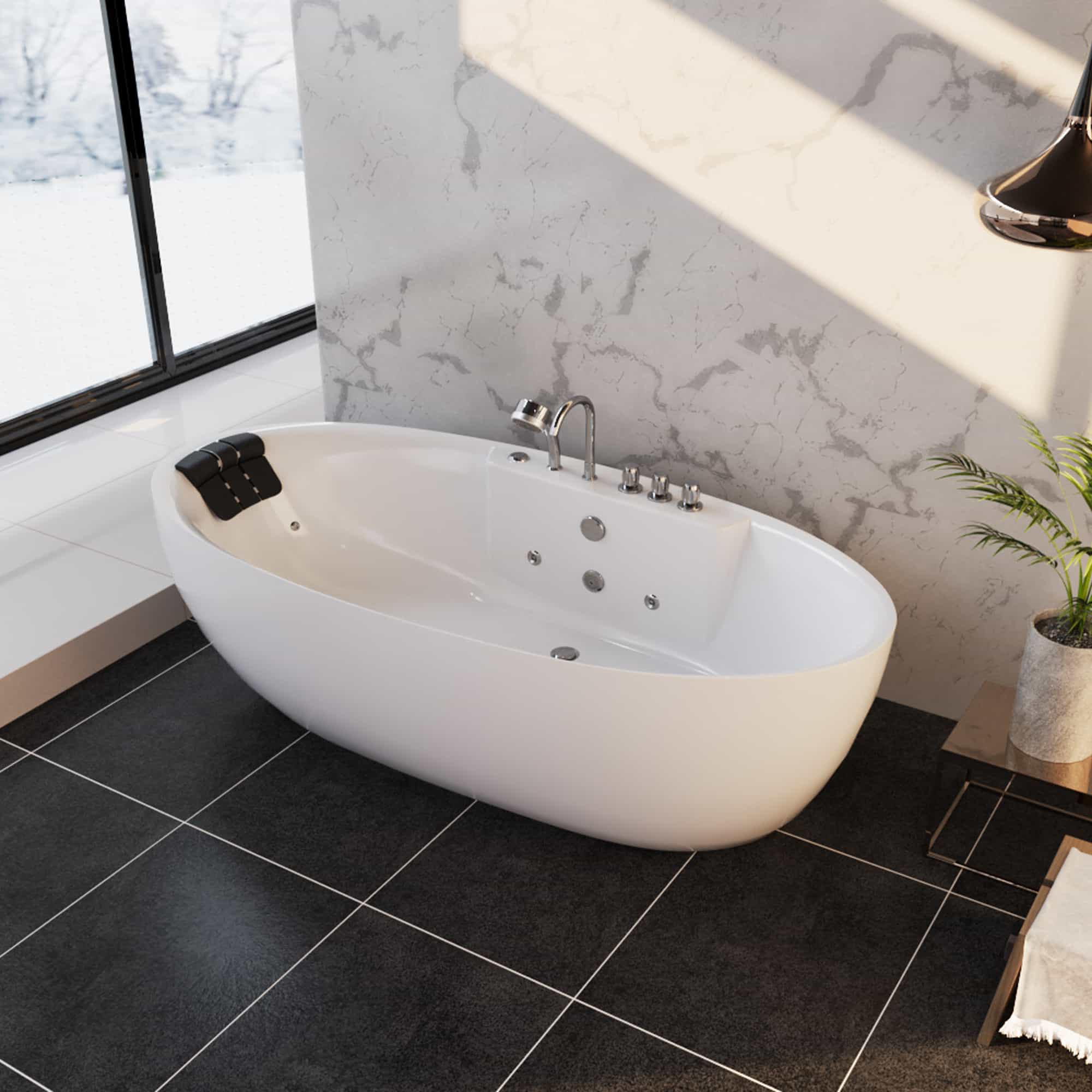 White freestanding acrylic whirlpool bathtub with chrome faucet and built-in jets