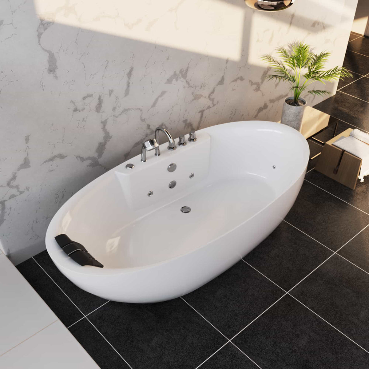 White oval freestanding whirlpool bathtub with chrome deck faucet and jet openings