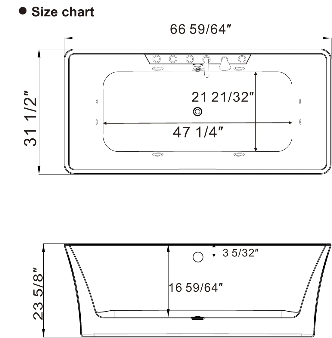 Bathtub size chart diagram with 66 59/64 in length and 31 1/2 in height