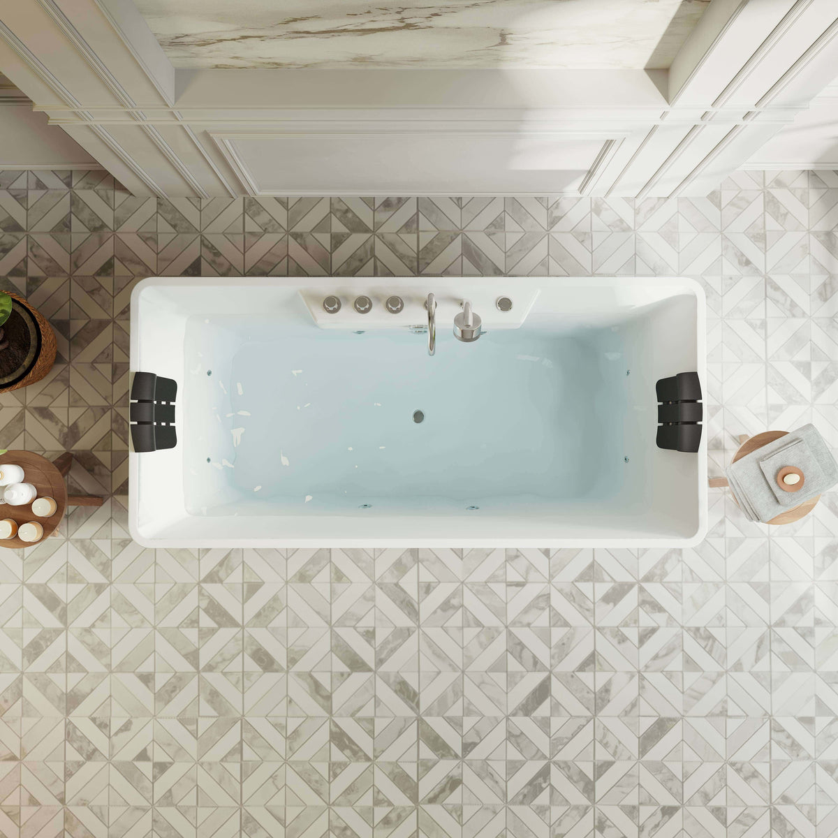 Freestanding white whirlpool bathtub with side jets and two black headrests