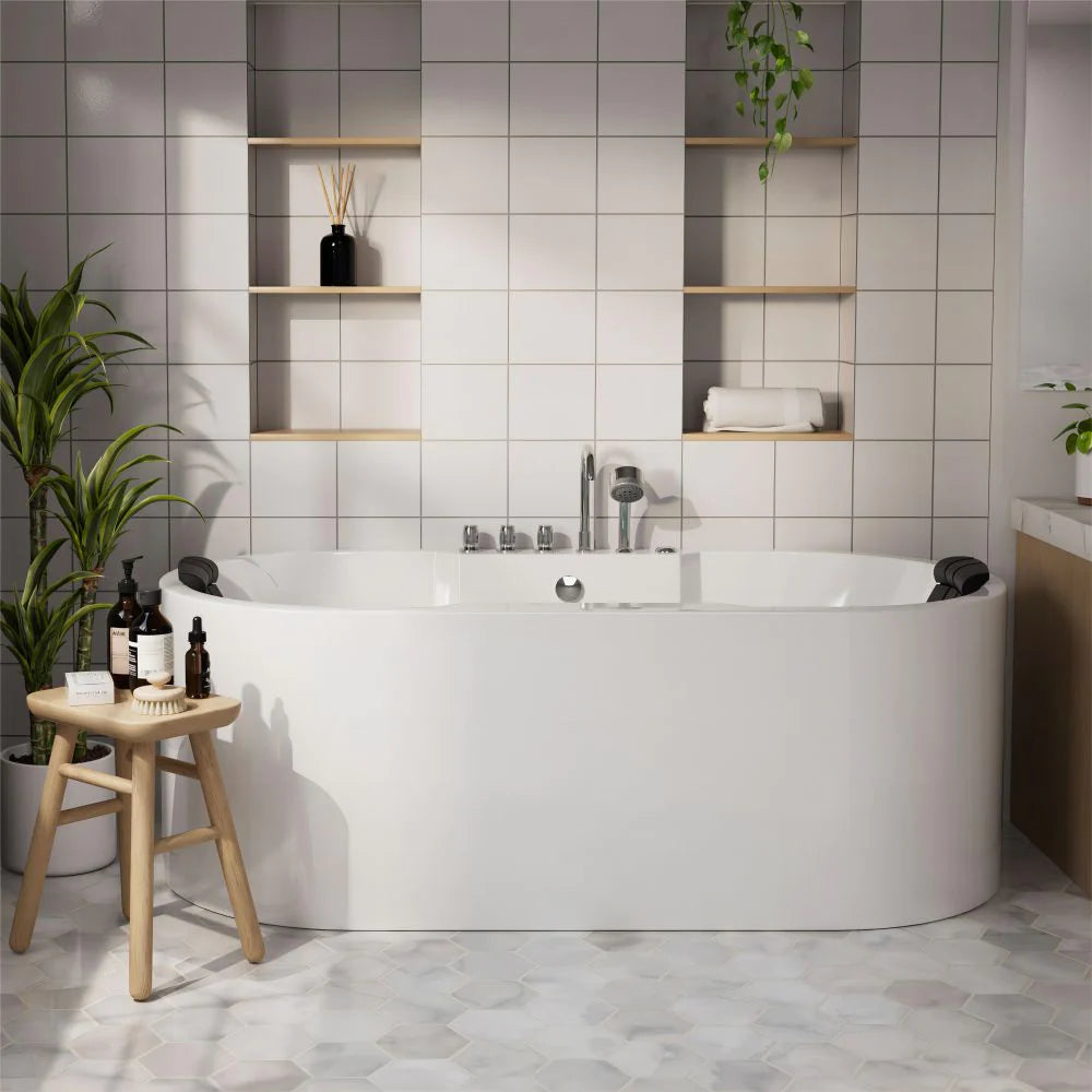 Freestanding oval acrylic whirlpool bathtub with dark headrest and chrome faucet