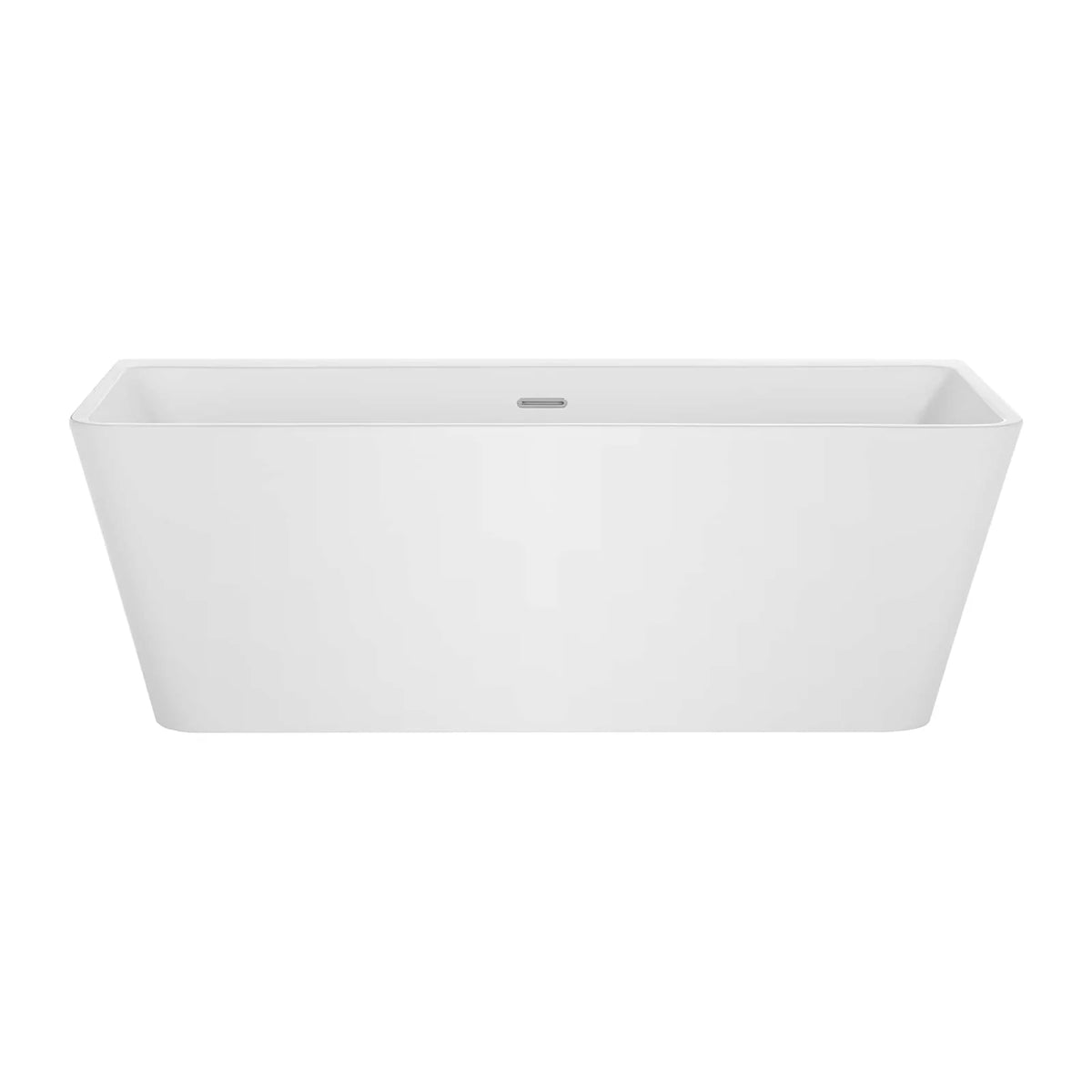 Rectangular soaking tub, glossy white, built-in drain slot on the top rim.