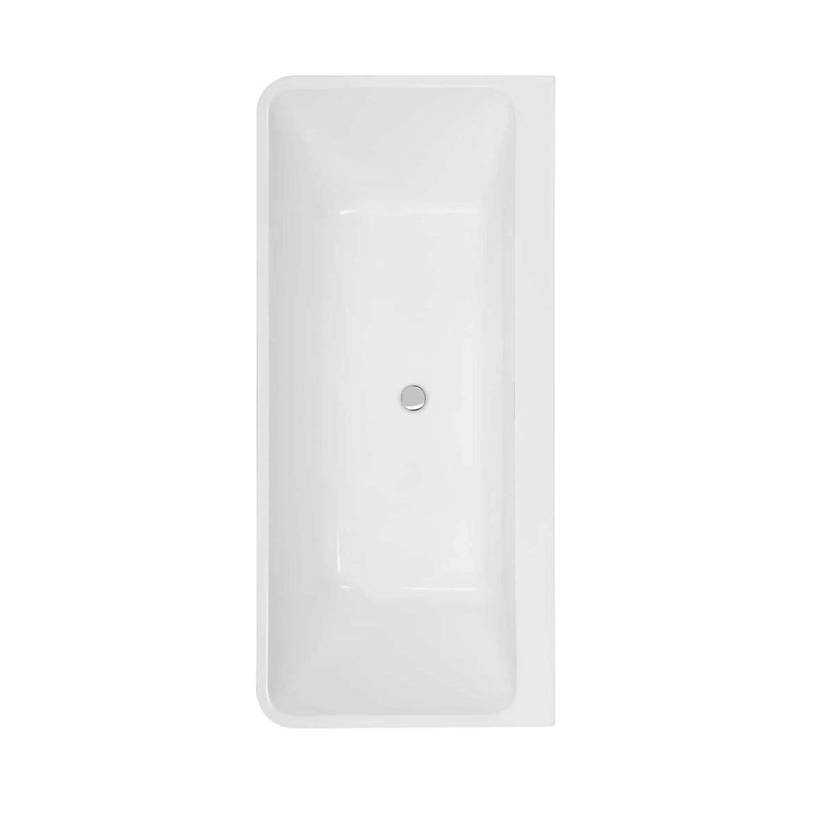 Glossy white soaking tub front panel with small circular drain/overflow cover.