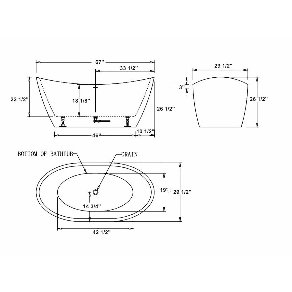Freestanding soaking bathtub dimensions diagram showing drain and measurements