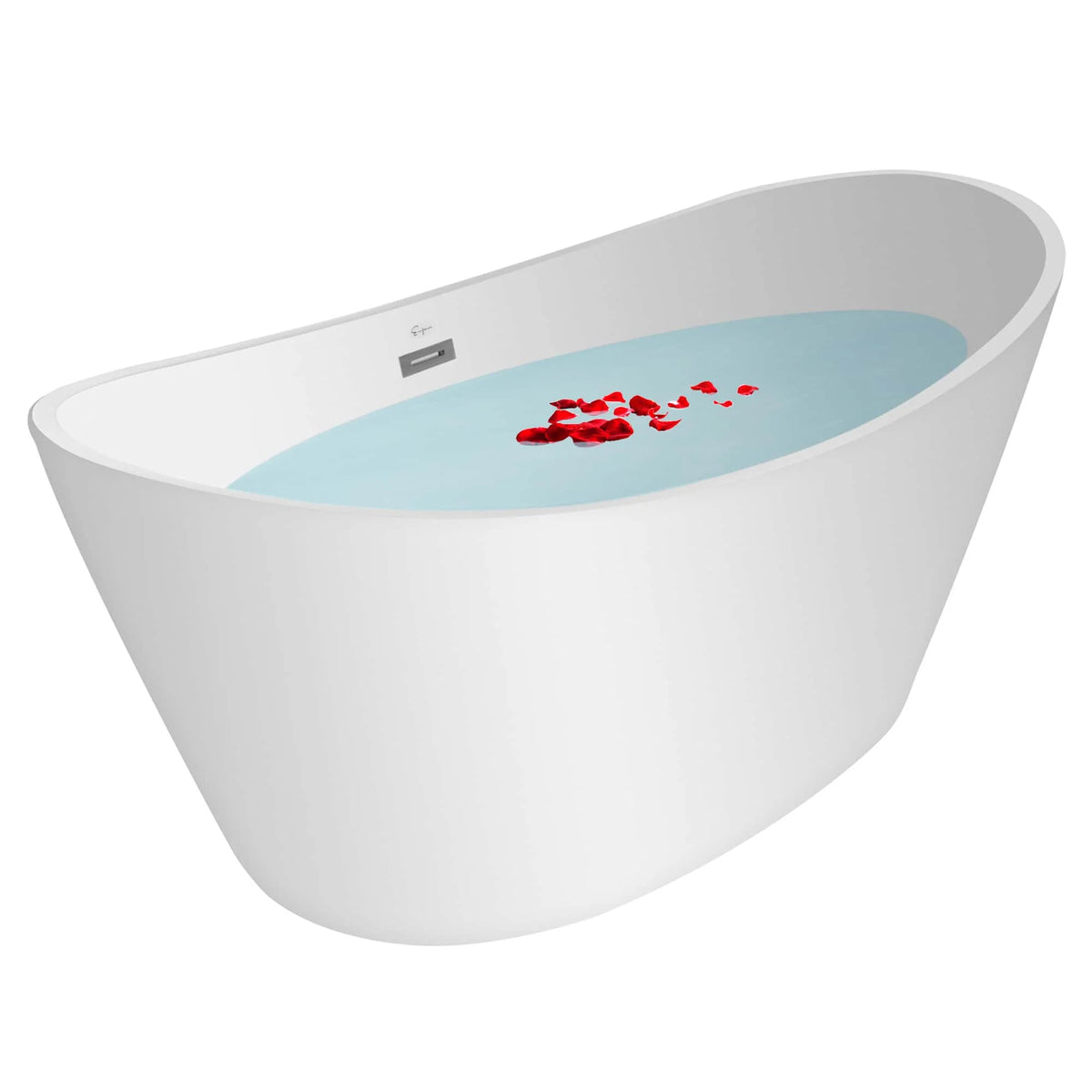 White freestanding soaking bathtub with blue interior and glowing light setting