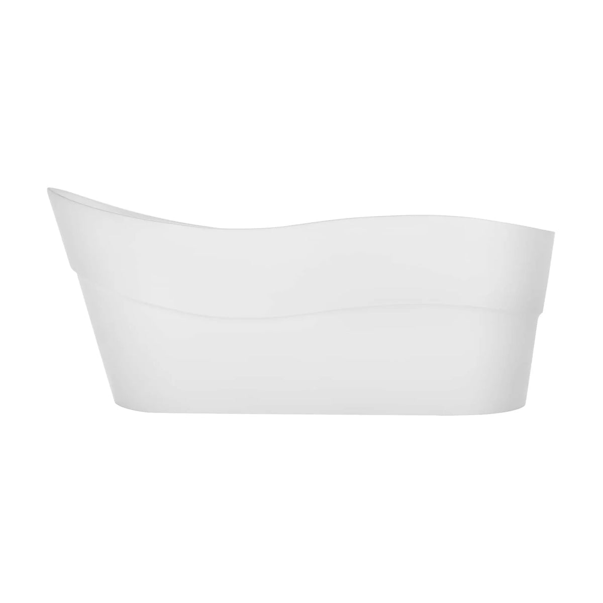 Freestanding soaking tub, glossy white, side profile with smooth curved sides