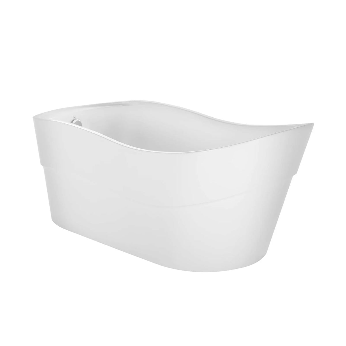 Freestanding soaking tub, glossy white, angled view showing outer base curve