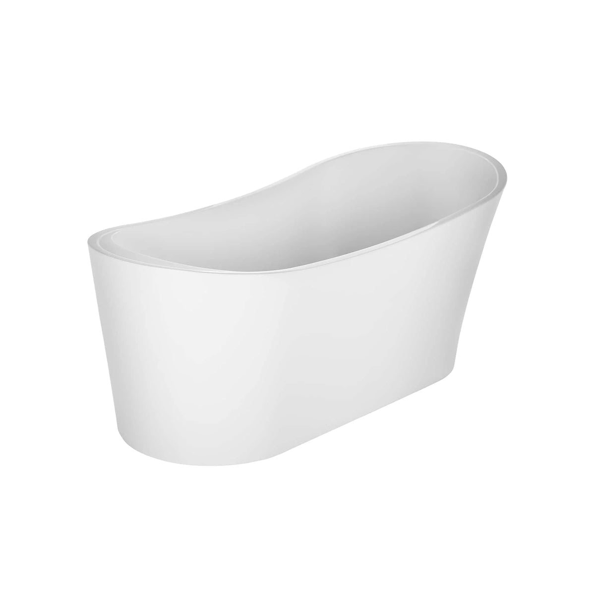 White freestanding soaking tub with oval interior and rounded, tapered ends.