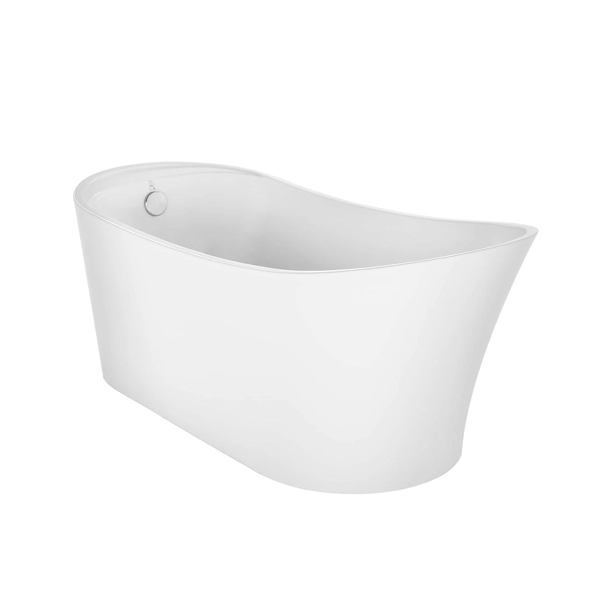 White freestanding soaking tub with inner rim overflow opening.