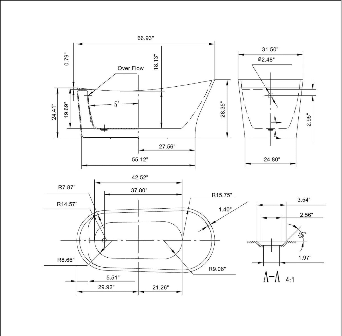 Technical line drawing of a freestanding soaking tub with dimension labels.
