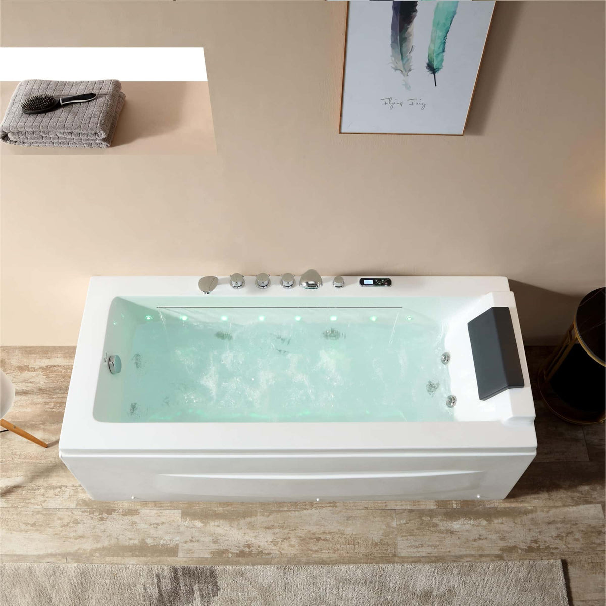 White rectangular whirlpool bathtub with LED control panel and jet nozzles