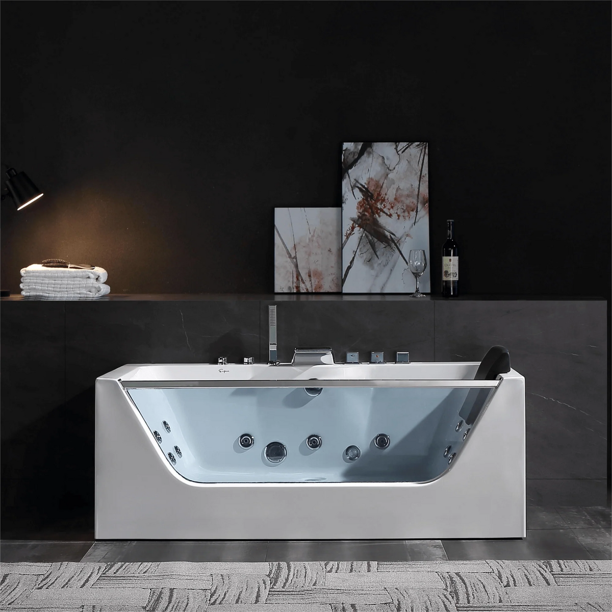 White rectangular whirlpool bathtub with control panel and built-in jets