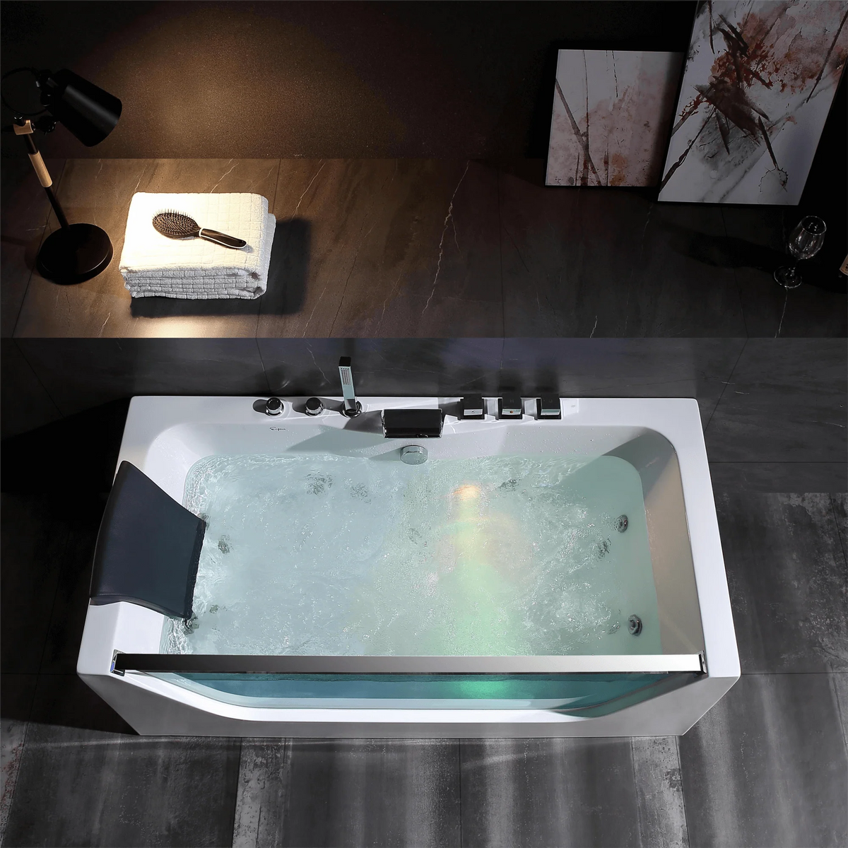 Rectangular whirlpool bathtub with water jets and LED-lit interior