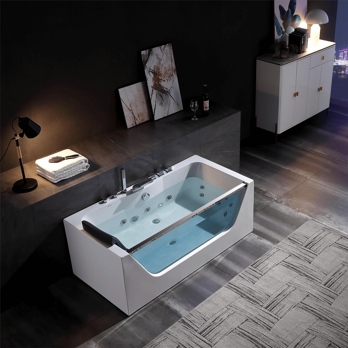 White rectangular whirlpool bathtub with LED-lit water and chrome jets