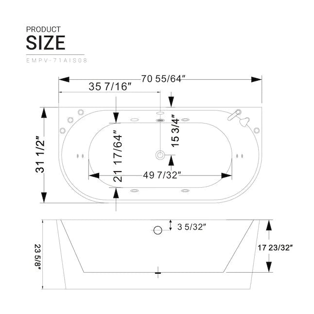 Bathtub size diagram for EMPV-71AIS08 showing 71-inch overall dimensions