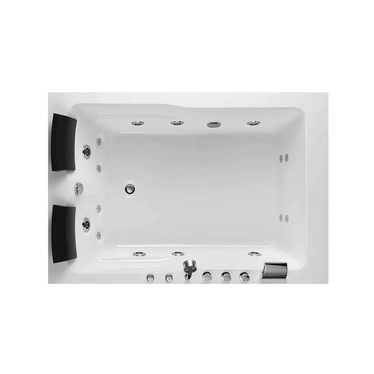 Top-down view inside a white whirlpool bathtub with multiple jet openings