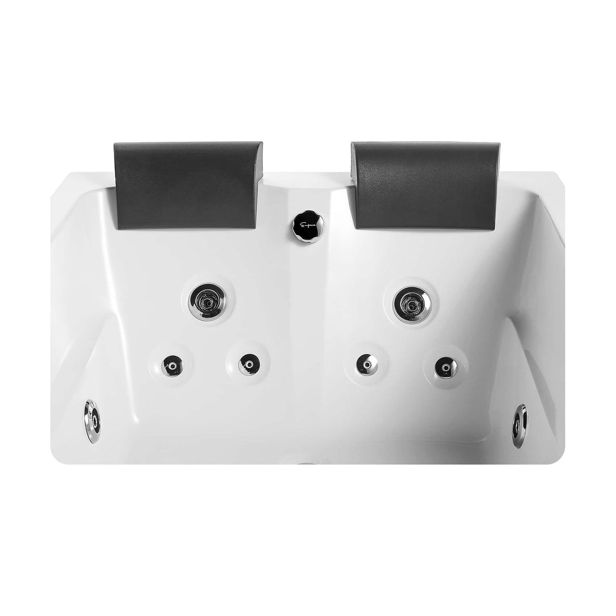 Inside view of white whirlpool bathtub with chrome jet fittings and black headrests