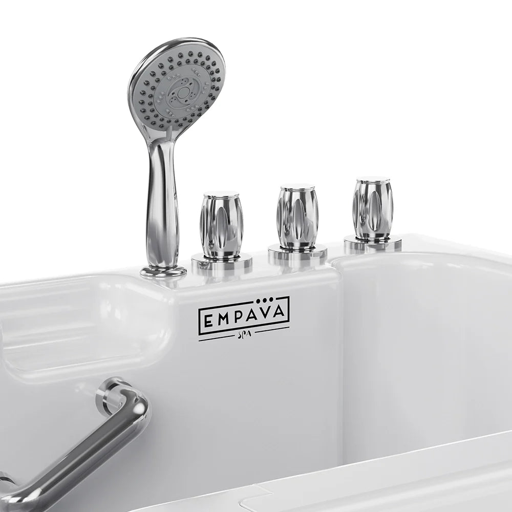 White soaking tub top with chrome showerhead, faucet knobs, and built-in controls