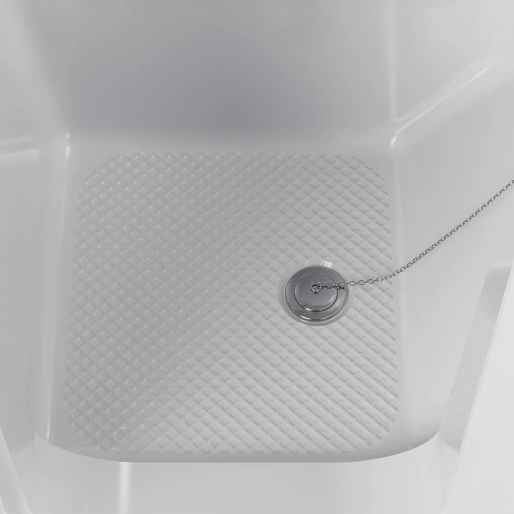White walk-in soaking tub floor with raised anti-slip texture and drain cover