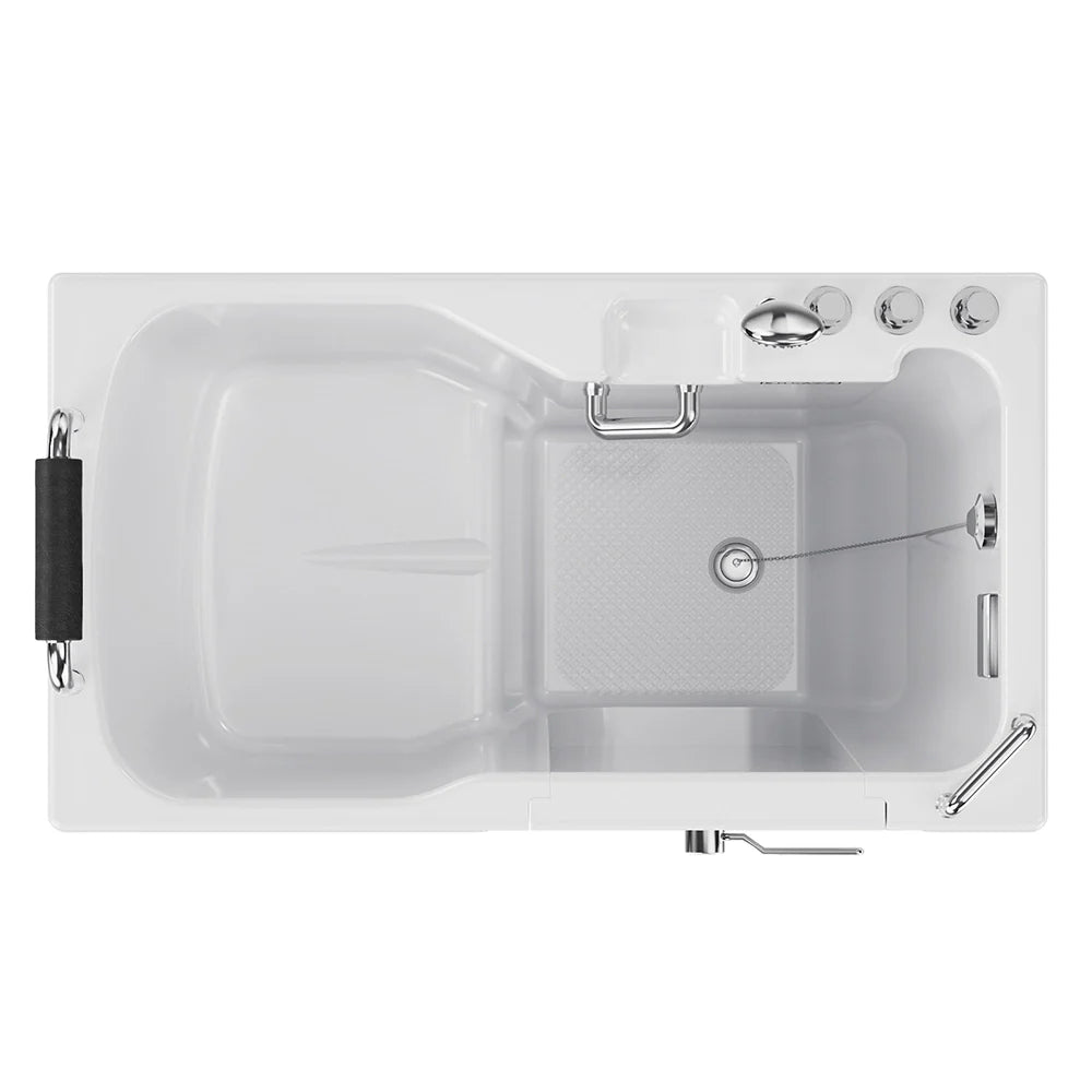 Top view of white soaking tub with central drain and handheld shower hose