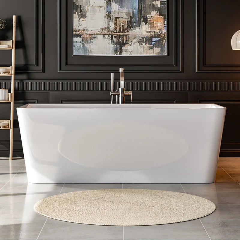 Freestanding soaking tub with center drain, glossy white, rounded rectangular shape.
