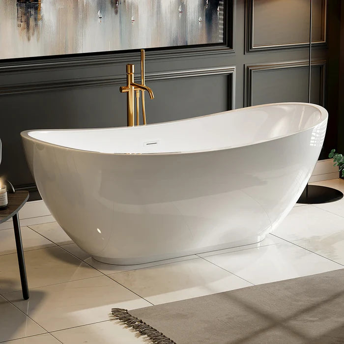 Freestanding white soaking tub with center drain and gold faucet