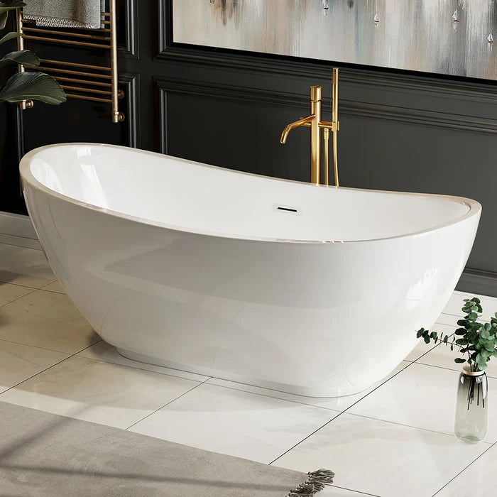 Freestanding white soaking tub with gold faucet, oval bathtub body