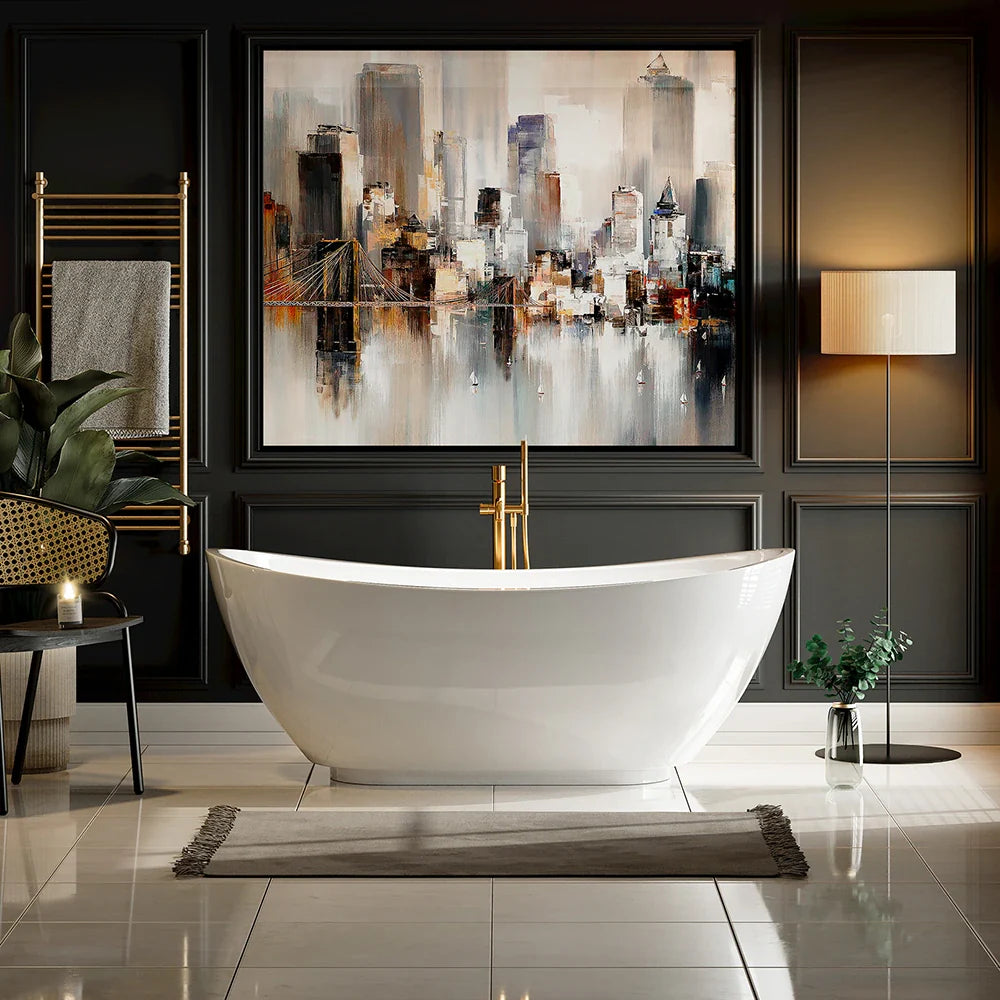 Freestanding white soaking tub with gold faucet and glossy tub rim