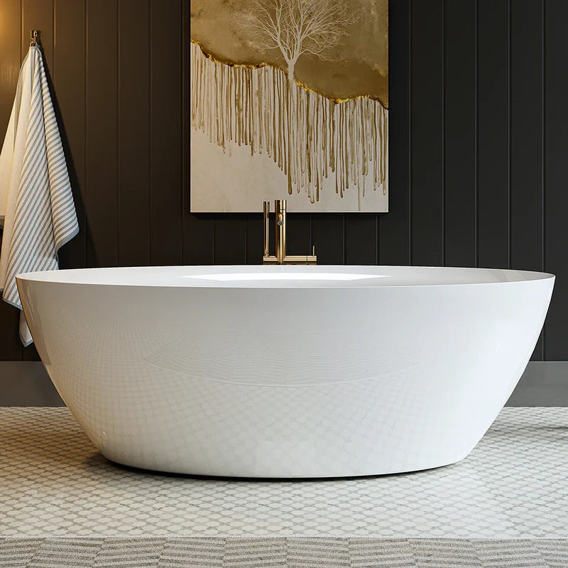 White oval freestanding soaking tub with center drain, front view