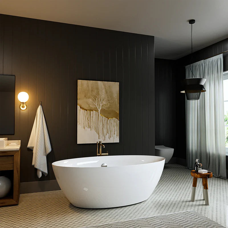 White oval freestanding soaking tub with center drain and smooth interior