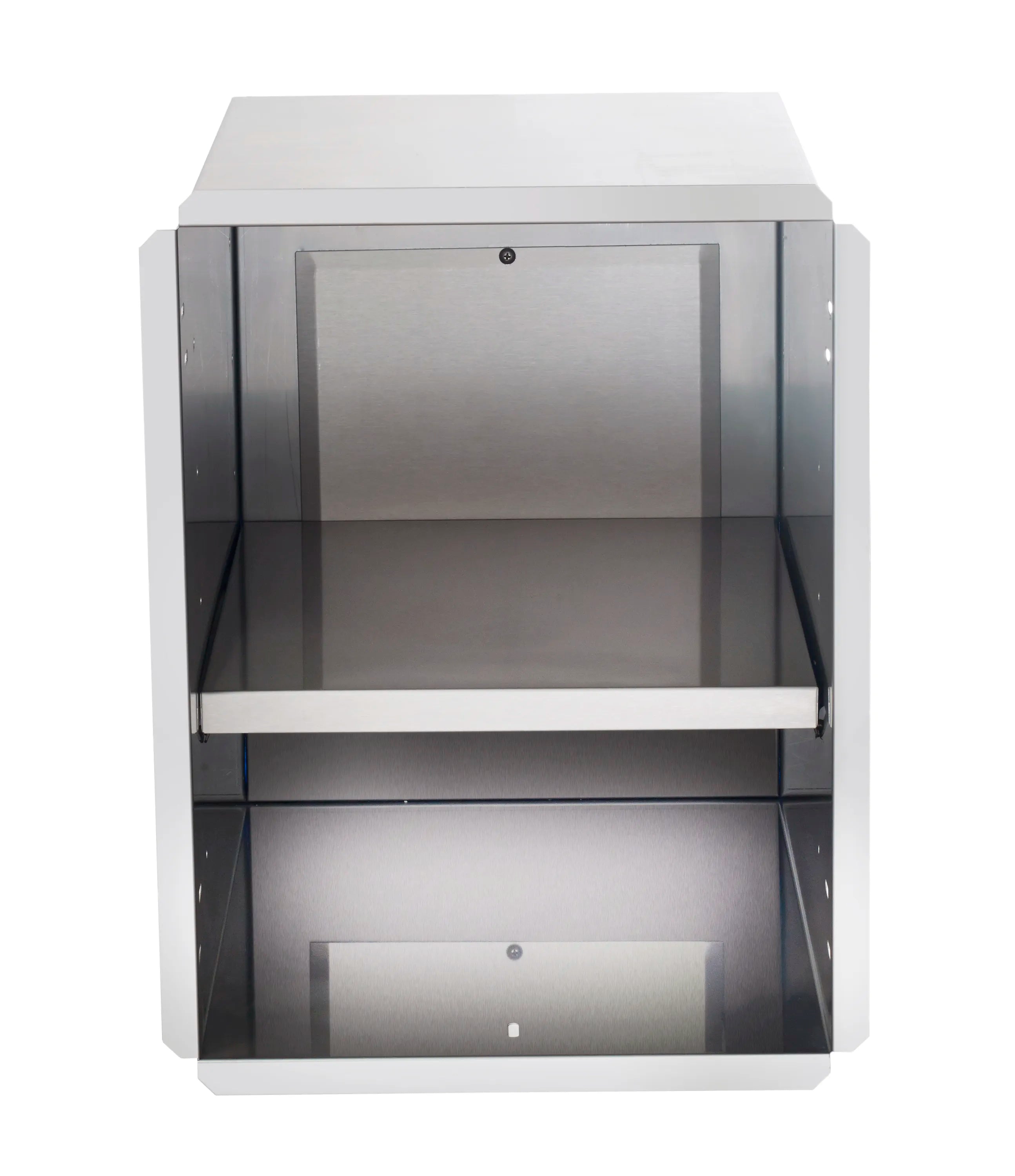 17-inch metal enclosure with open front and two interior shelves