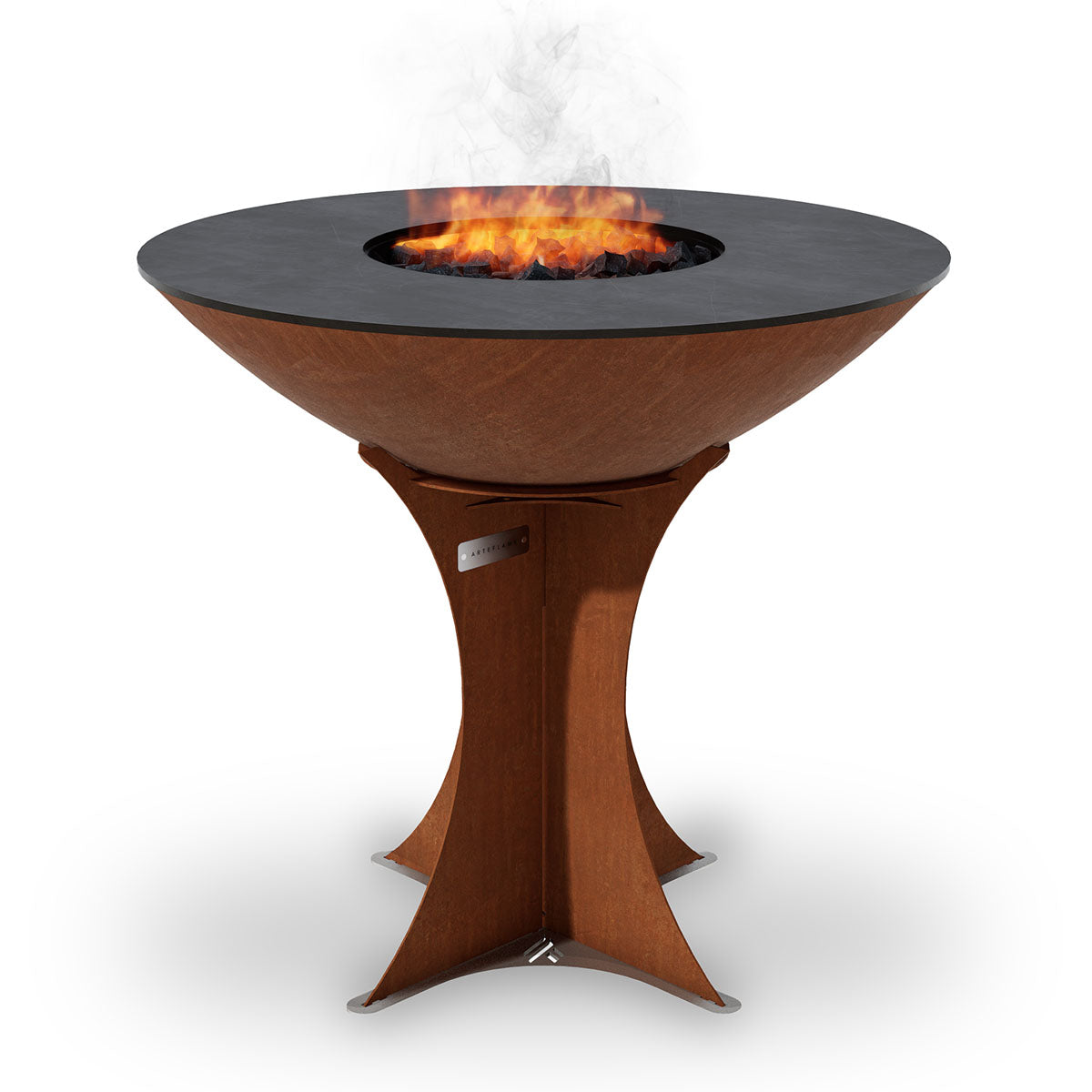 Flat-top carbon steel grill with round flame opening and corten brown base