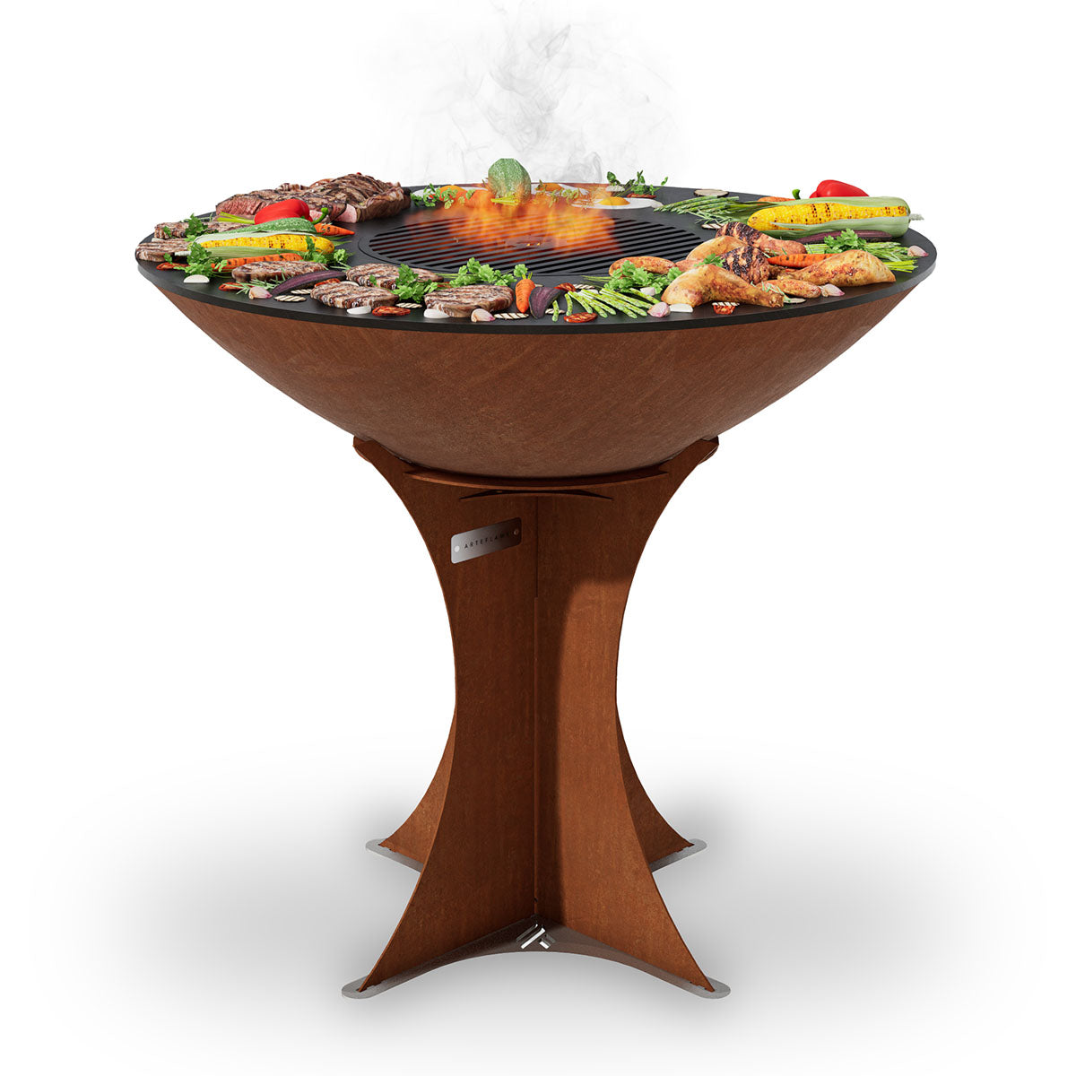 Corten brown flat-top carbon steel grill with multi-zone grates and open flame