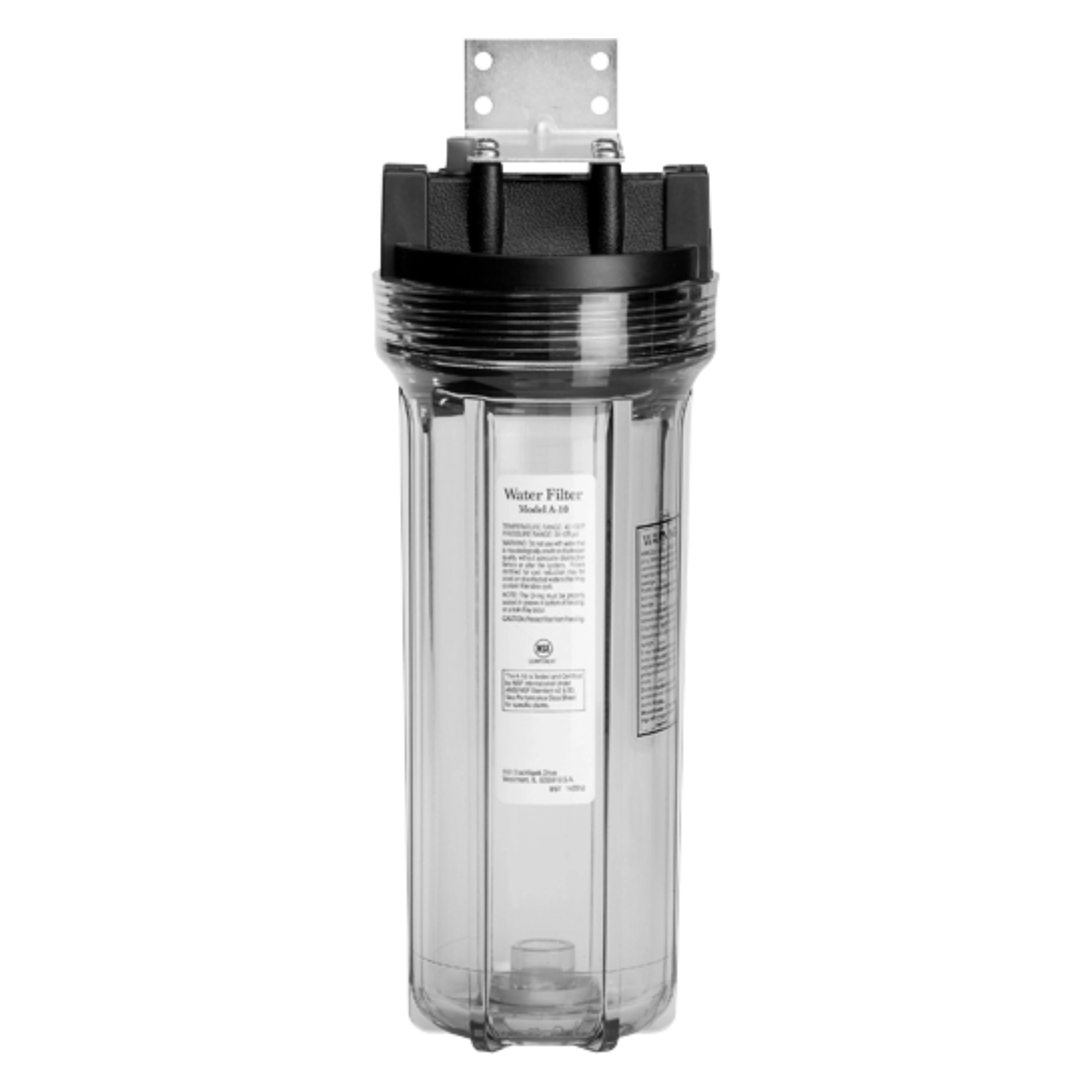 Water filter housing with clear canister and black mounting bracket