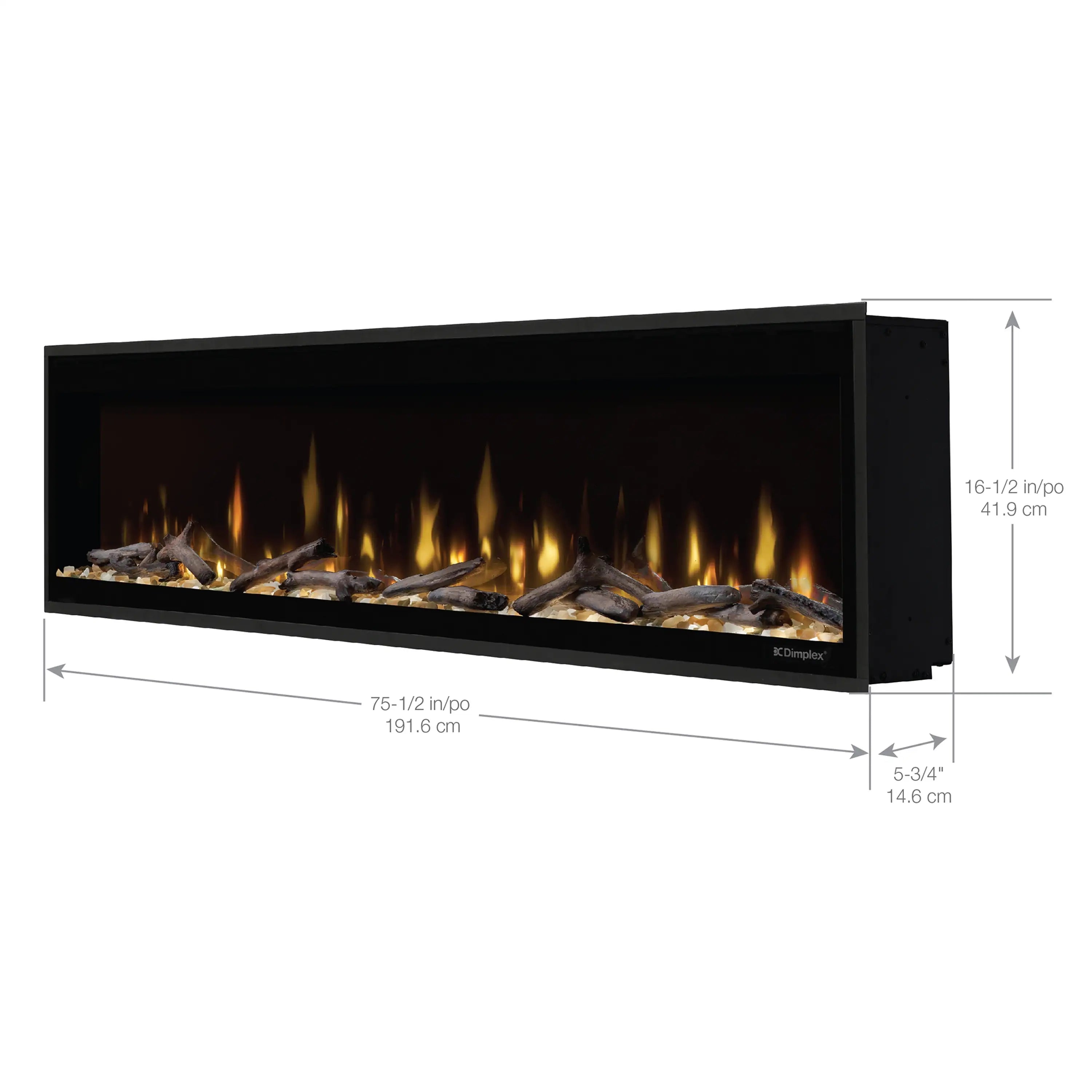 Built-in linear electric fireplace dimension diagram with flame window and black housing