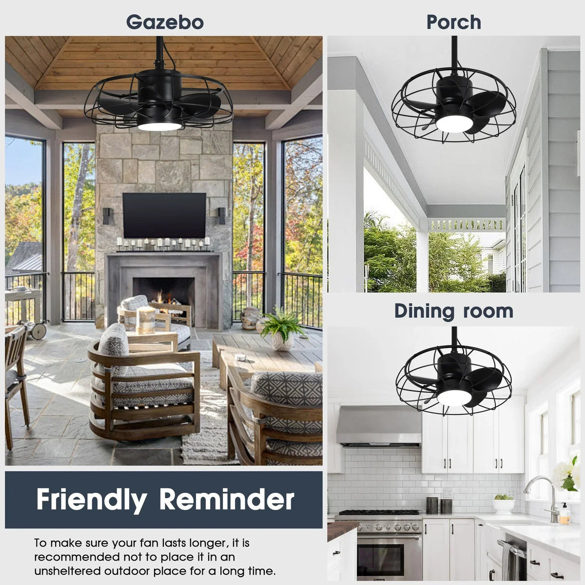 Black ceiling fan with light shown in gazebo, porch, and dining room layouts