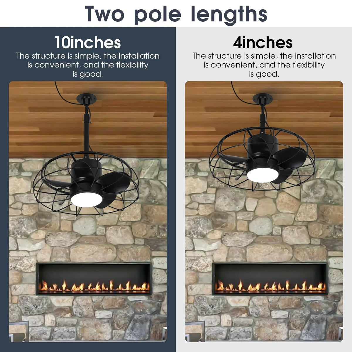 Black ceiling fan with light showing two downrod lengths for adjustable hanging