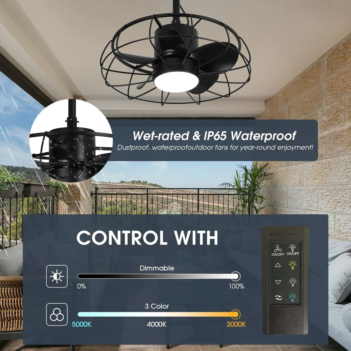 Black outdoor ceiling fan with light and remote control for dimmable 3-color settings