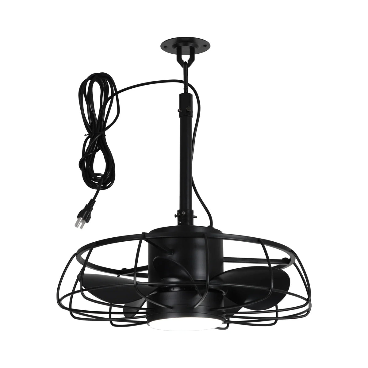 Black outdoor plug-in ceiling fan with wire cage guard, light, and power cord