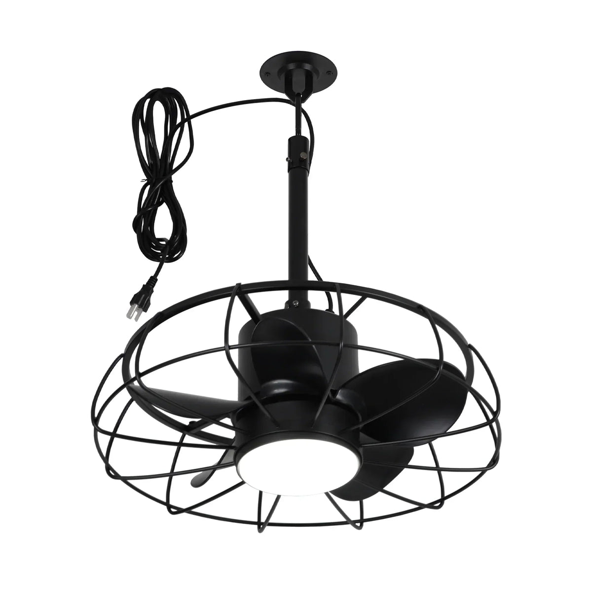 Black outdoor plug-in ceiling fan with wire cage guard, round light, and hanging downrod