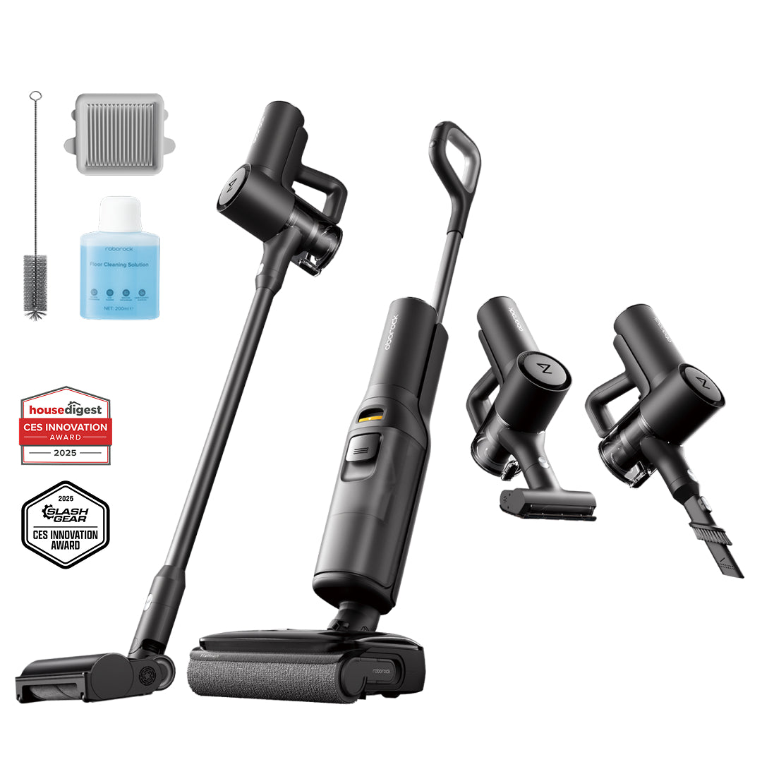 Gray wet/dry stick vacuum with floor head, wand, and handheld nozzle attachments